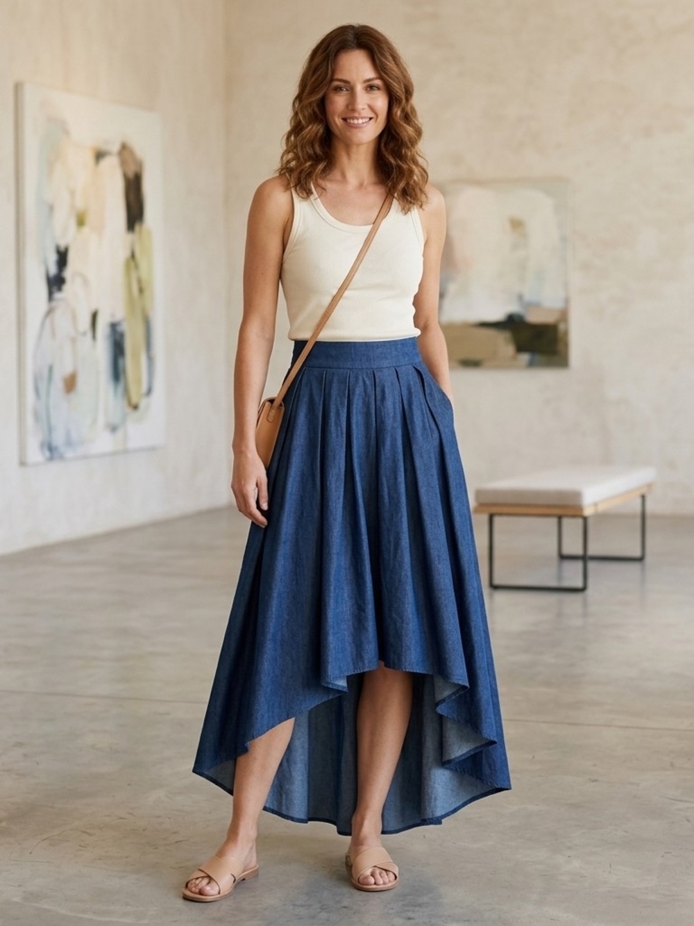 Flowing High-Low Denim Skirt - Blue